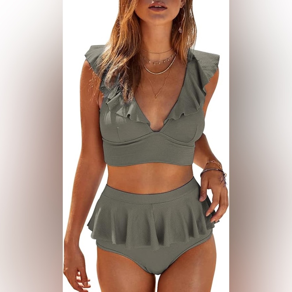 Bifasail Ruffle Zipper Tankini Set